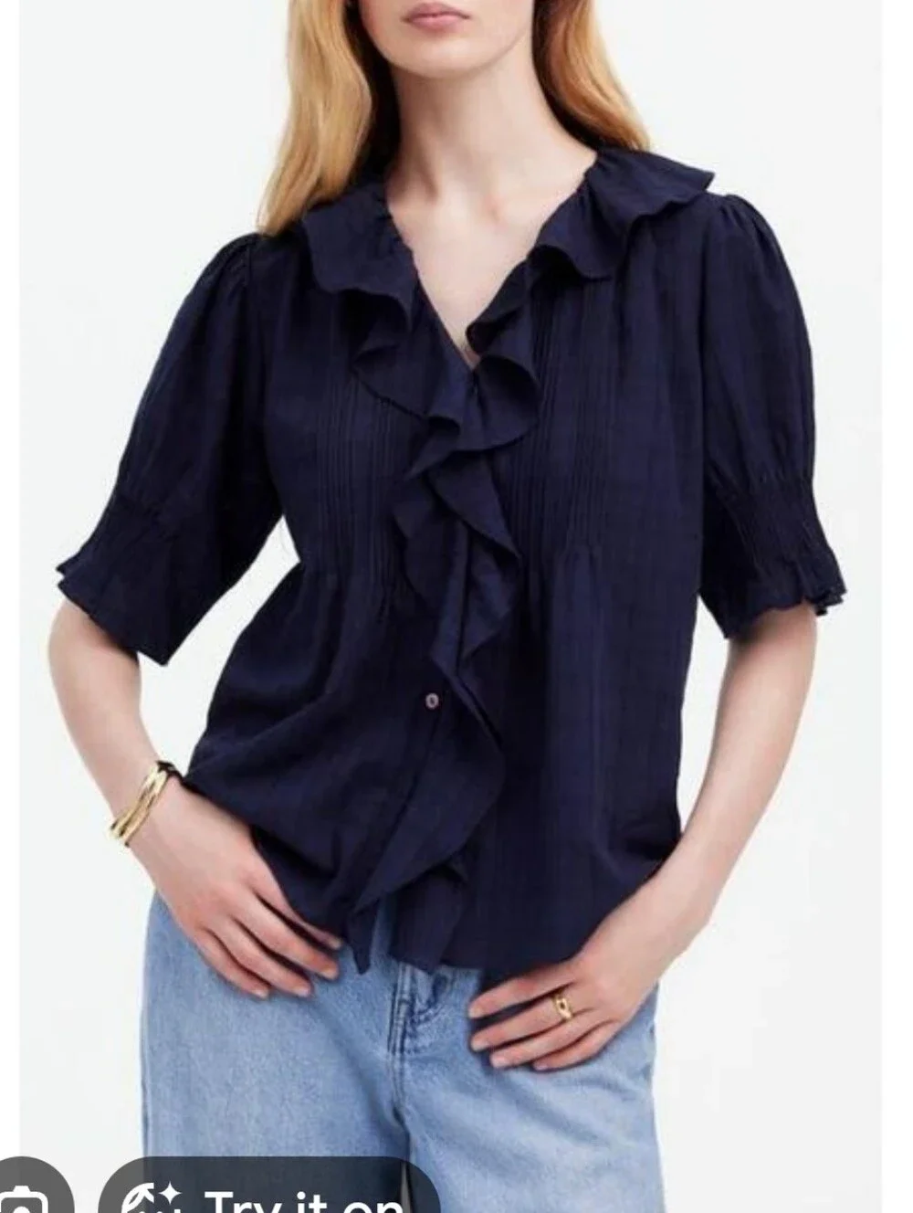 Madewell Navy Ruffle Front Puff-Sleeve Blouse/ Size Med